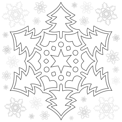 Snowflake With Christmas Trees Coloring Page